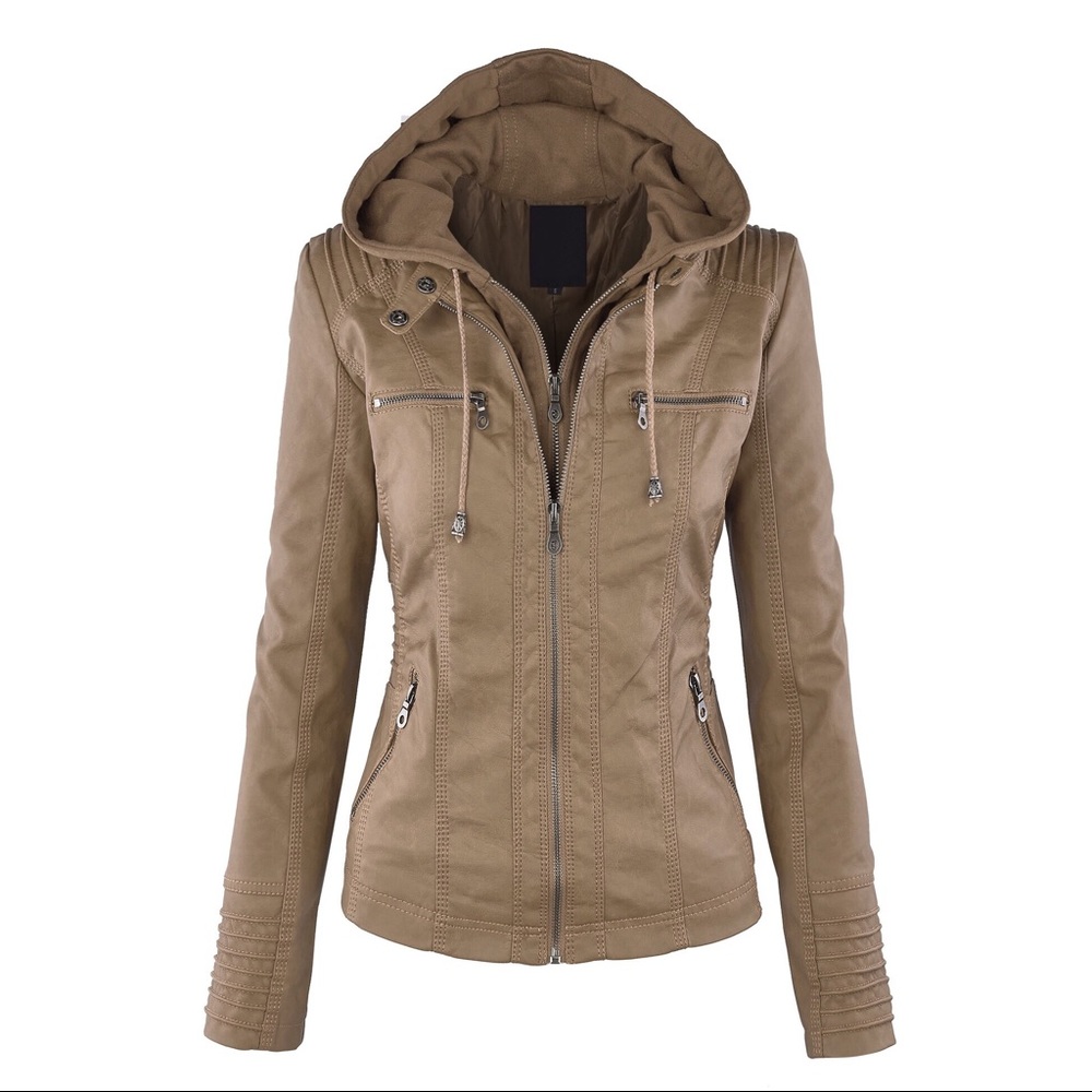 Women's Faux Leather Jacket with Hoodie in Khaki